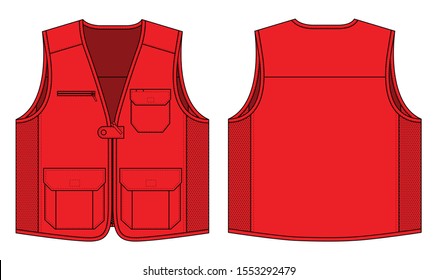 Red Vest With Multi Pocket and Mesh at Side on White Background.Front and Back View, Vector File