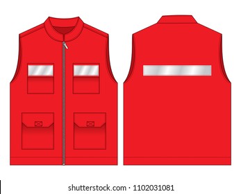 Red Vest with Reflective Tape Design on Background, Front and Back Views, Vector File.