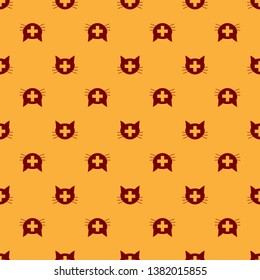 Red Veterinary clinic symbol icon isolated seamless pattern on brown background. Cross with cat veterinary care. Pet First Aid sign. Vector Illustration