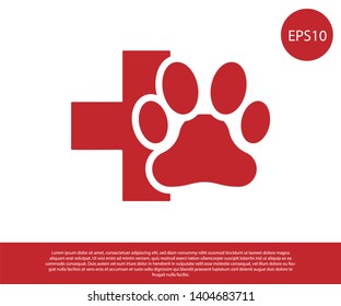 Red Veterinary clinic symbol icon isolated on white background. Cross hospital sign. A stylized paw print dog or cat. Pet First Aid sign. Vector Illustration