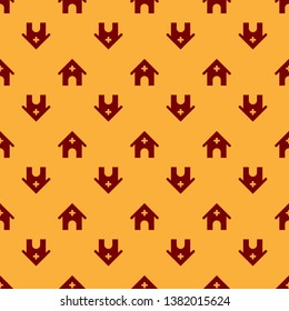 Red Veterinary medicine hospital, clinic or pet shop for animals icon isolated seamless pattern on brown background. Vet or veterinarian clinic. Vector Illustration