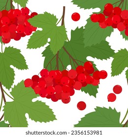 Red Viburnum berry with leafs isolated on a white background. Seamless vector pattern.