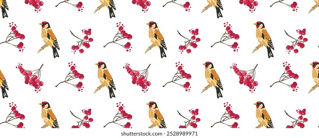 Red viburnum on a branch and goldfinch. Birds and berries pattern. Vector seamless organic background. For cozy fabric, wallpaper, textile, cards.