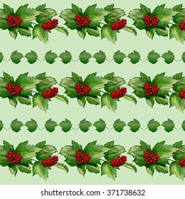 Red viburnum pattern with green leaves and red berries. 