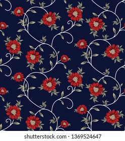 red victor flower pattern on navy