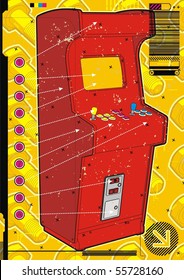 Red Video Arcade Machine On A Yellow Screw Background.