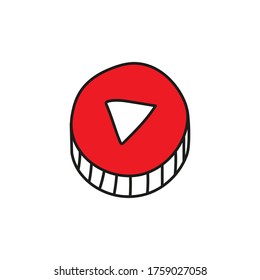 Red video button. White triangle in a circle.