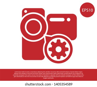 Red Video camera and gear icon isolated on white background. Adjusting app, service concept, setting options, maintenance, repair, fixing. Vector Illustration