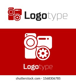 Red Video camera and gear icon isolated on white background. Adjusting app, service concept, setting options, maintenance, repair, fixing. Logo design template element. Vector Illustration