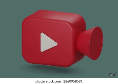 Red Video camera icon isolate on background. 3d Realistic movie icon, play button for the interface of applications and web pages. Video, streaming, multimedia concept. 3D vector illustration.