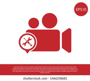 Red Video camera with screwdriver and wrench icon isolated on white background. Adjusting, service, setting, maintenance, repair, fixing.  Vector Illustration
