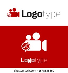 Red Video camera with screwdriver and wrench icon isolated on white background. Adjusting, service, setting, maintenance, repair, fixing. Logo design template element. Vector Illustration
