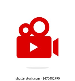 Red video camera vector icon. Video camera icon with play button concept for Logo element, web and mobile isolated on white background