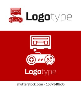 Red Video game console with joystick icon isolated on white background. Logo design template element. Vector Illustration