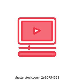 Um ícone vermelho do reprodutor de vídeo com um botão de reprodução. O ícone é simples e moderno.