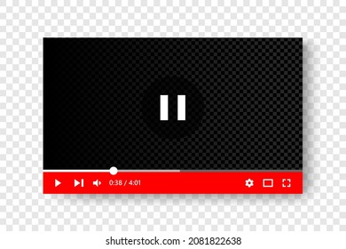 Red video player interface design mockup template. Video full frame elements for social media webpage. Multimedia player interface to blog channel.