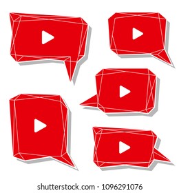 Red video talk balloon low poly bubble. Web online player app. Vector design illustration.