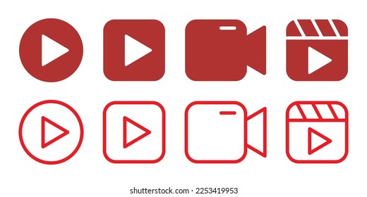 conjunto de iconos de vídeo rojo, diseño plano multimedia