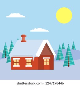 Red village house among the snowdrifts. Winter rural landscape. Cold weather. Forest with trees. The city's suburbs. Small town. North building.  Cartoon flat illustration