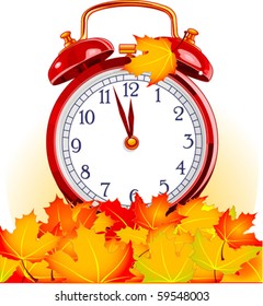 Red vintage alarm clock in autumn leaves on white background