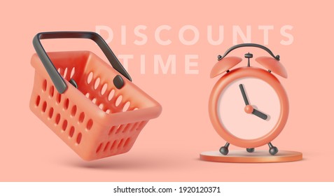 Red vintage alarm clock with plastic shopping basket. Vector illustration