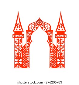 Red vintage arch applique isolated on white background. Cut. Welcome! Design your construction company site. Vector illustration.