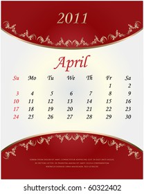 Red vintage calendar for 2011. April. Vector.