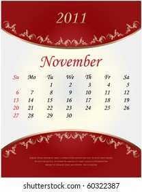 Red vintage calendar for 2011. November. Vector.