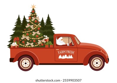 A red vintage car carries a Christmas tree in the trunk. Santa is driving Christmas trees in a red car. Delivery of Christmas trees in the trunk of the car. Illustrated vector clipart.