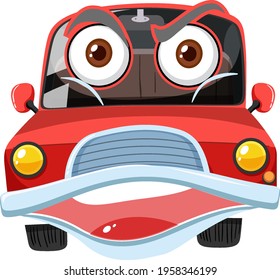 Red vintage car cartoon character with angry face expression on white background illustration