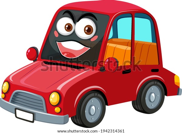 Red vintage car cartoon character\
with happy face expression on white background\
illustration