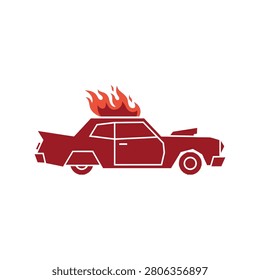 Red vintage car engulfed in flames symbol danger accident emergency crisis concept vector