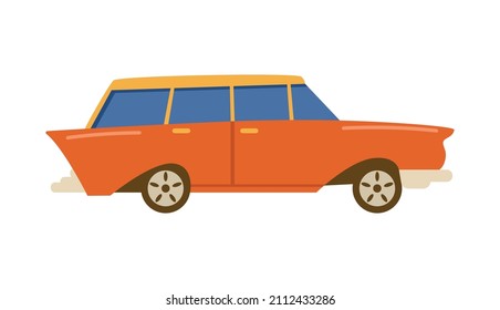 Red vintage car, isolated, flat vector illustration. Orange retro car, family station wagon, side view. Cartoon icon.