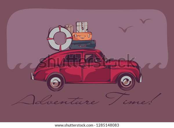 A red vintage car with\
a luggage on a top over a seascape and gulls. Retro stylized vector\
illustration