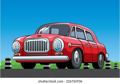 Red vintage car on the blue sky background. Vector illustration