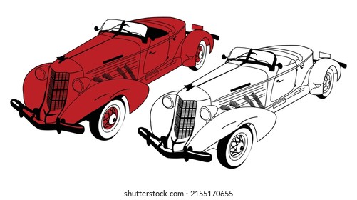 Red vintage car vector outline for CNC engraving. Retro car.