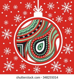 Red vintage card  with Christmas balls & white snowflakes. Vector illustration.