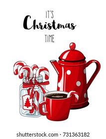 Red vintage coffee pot with cup an glass jar with candy canes isolated on white background, with text It's Christmas time, , illustration in country style, vector illustration, eps 10 with