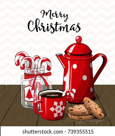 Red vintage coffee pot with cup. glass jar with candy canes and cookies on brown wood, with text Merry Christmas, illustration in country style, vector illustration, eps 10 with transparency