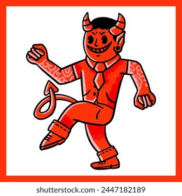 Red Vintage devil isolated on white background. Demon with tattoo. Vector illustration in flat cartoon style.