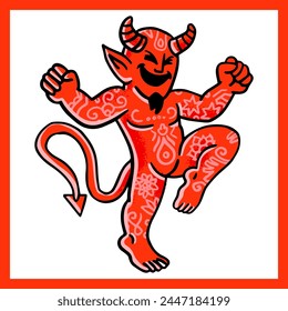 Red Vintage devil isolated on white background. Demon with tattoo. Vector illustration in flat cartoon style.