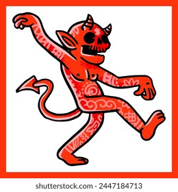 Red Vintage devil isolated on white background. Demon with tattoo. Vector illustration in flat cartoon style.