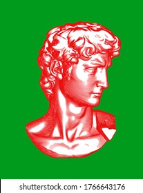 Red vintage engraved drawing bust head of David sculpture side face vector illustration isolated on green background italy flag color theme