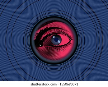 Red vintage engraved drawing human eye hidden looking through peephole on the deep blue optical illusion circle background with mysterious mood graphic illustration