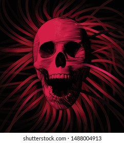 Red vintage engraving drawing human skull open mouth jaw vector illustration isolated on red ribbon line background