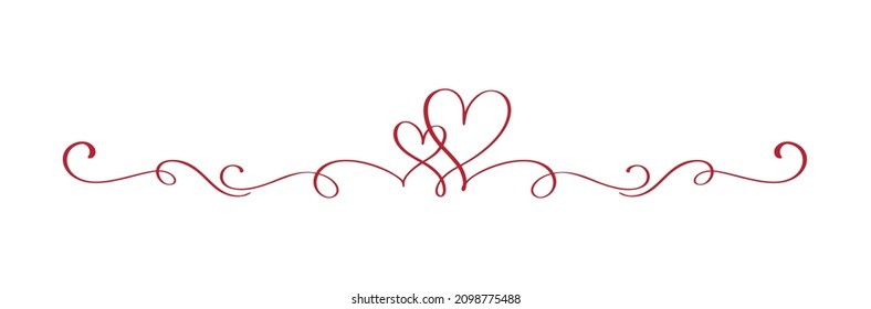 Red Vintage Flourish Vector divider Valentines Day Hand Drawn Black Calligraphic two Heart. Calligraphy Holiday illustration. Design valentine element. Icon love decor for web, wedding.