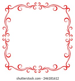 Red Vintage Frame Design For Greeting Card. Happy Valentines Day Lettering Card. Typographic Background With Ornament , Ribbon 