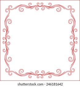 Red Vintage Frame Design For Greeting Card. Happy Valentines Day Lettering Card. Typographic Background With Ornament , Ribbon 
