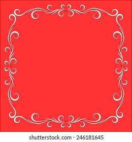 Red Vintage Frame Design For Greeting Card. Happy Valentines Day Lettering Card. Typographic Background With Ornament , Ribbon 