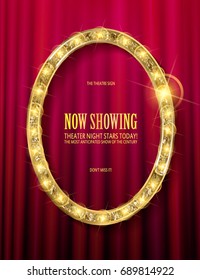 Red vintage frame. Realistic 3D oval with a neon light. Retro shape with black space for your text, messages, events, advertising. Light incident on the wall. Vector illustration